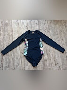 Black Long Sleeve One-Piece Swimsuit with Tropical Side Panels scoop back modest